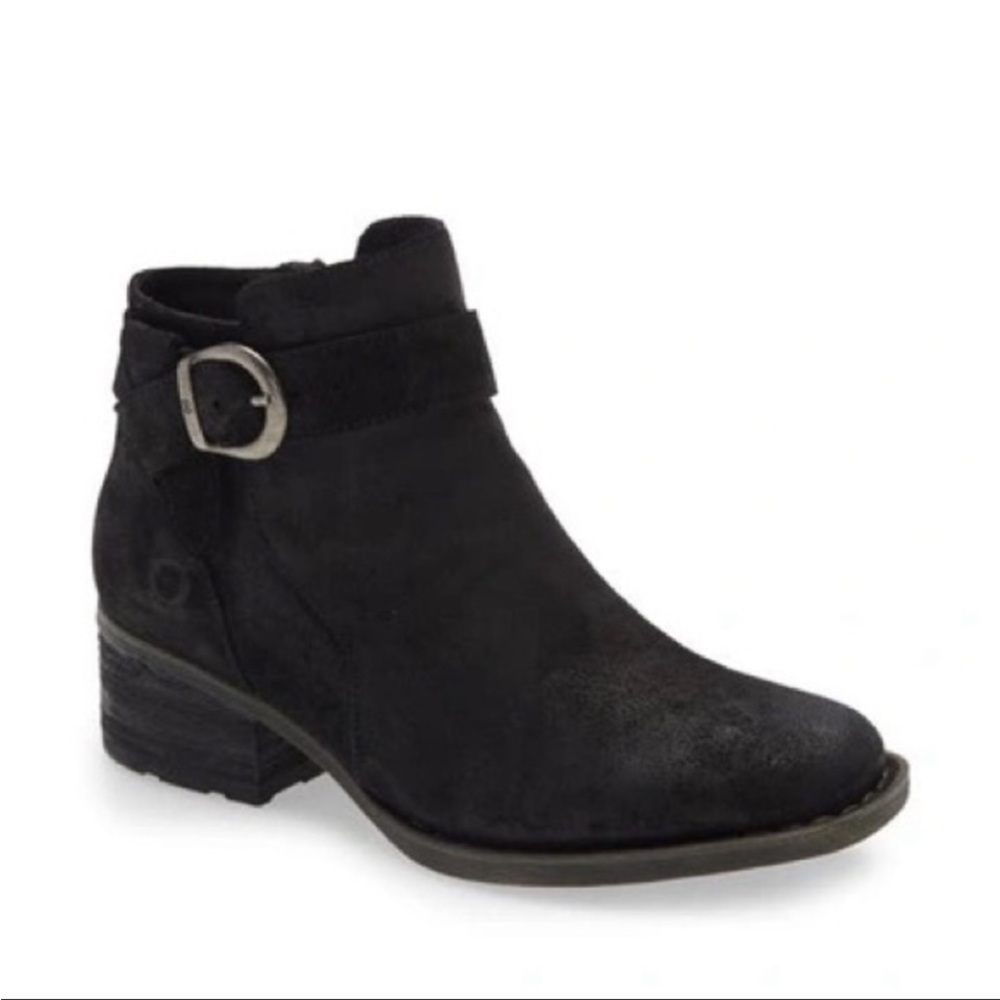 BORN Morocco Ankle Boot Black Distressed Leather Suede Buckle Block Heel Size 5